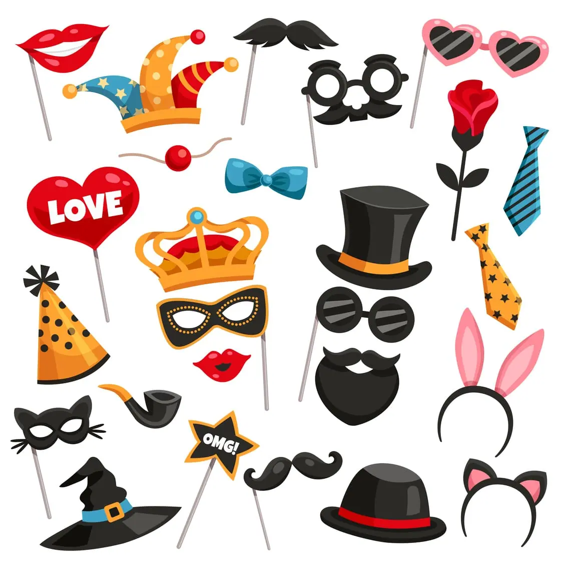 Accessoires de photobooth illustrés : moustaches, lunettes, chapeaux et pancartes