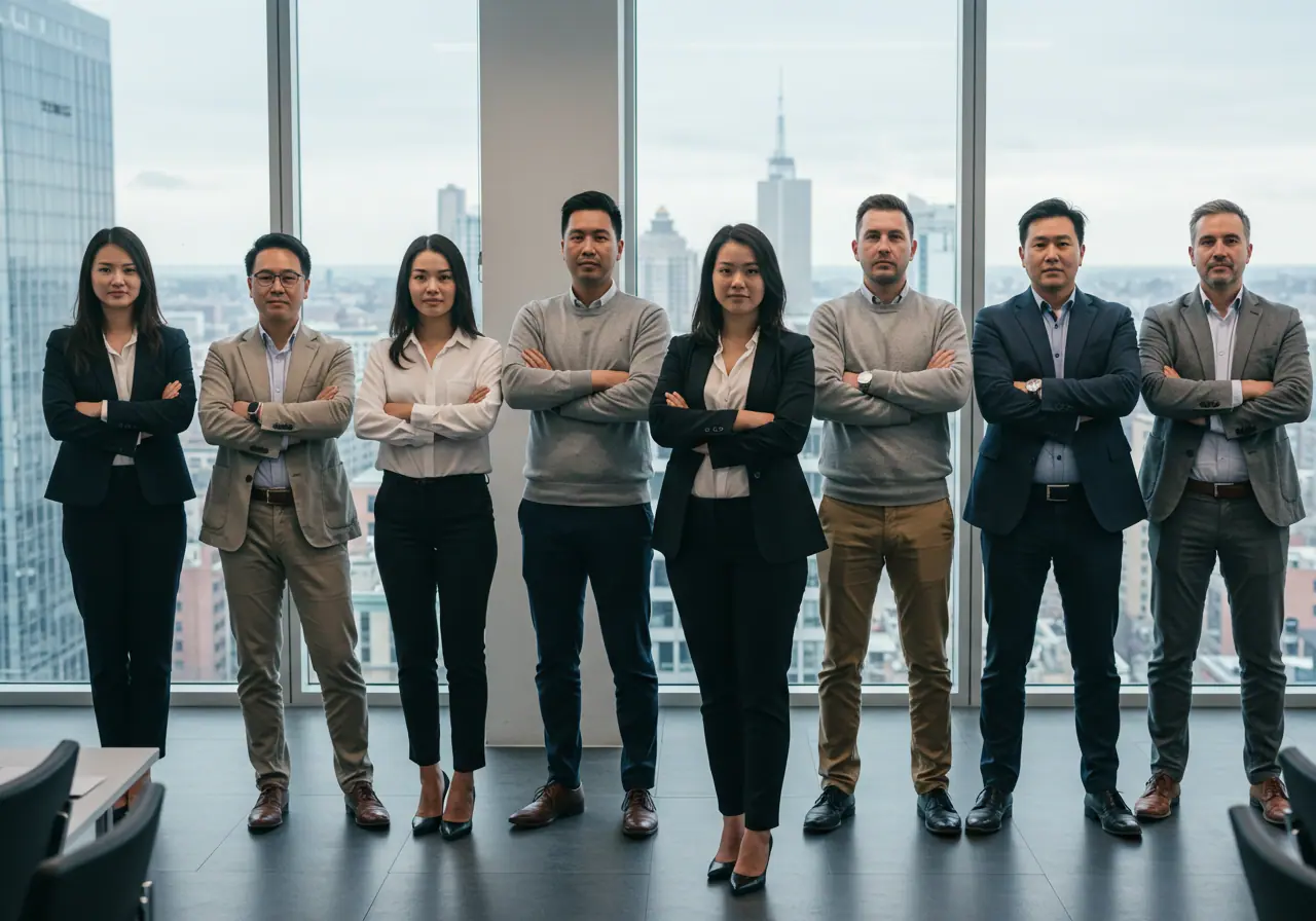 Équipe d'entreprise posant devant les baies vitrées d'un bureau en hauteur