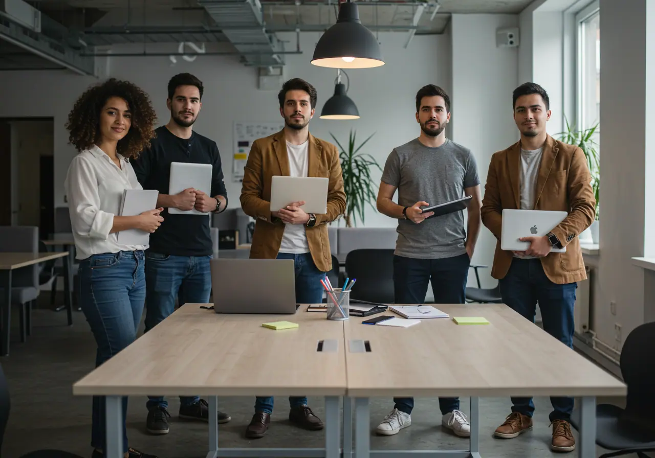 Équipe de travail réunie autour d'une table avec ordinateurs portables