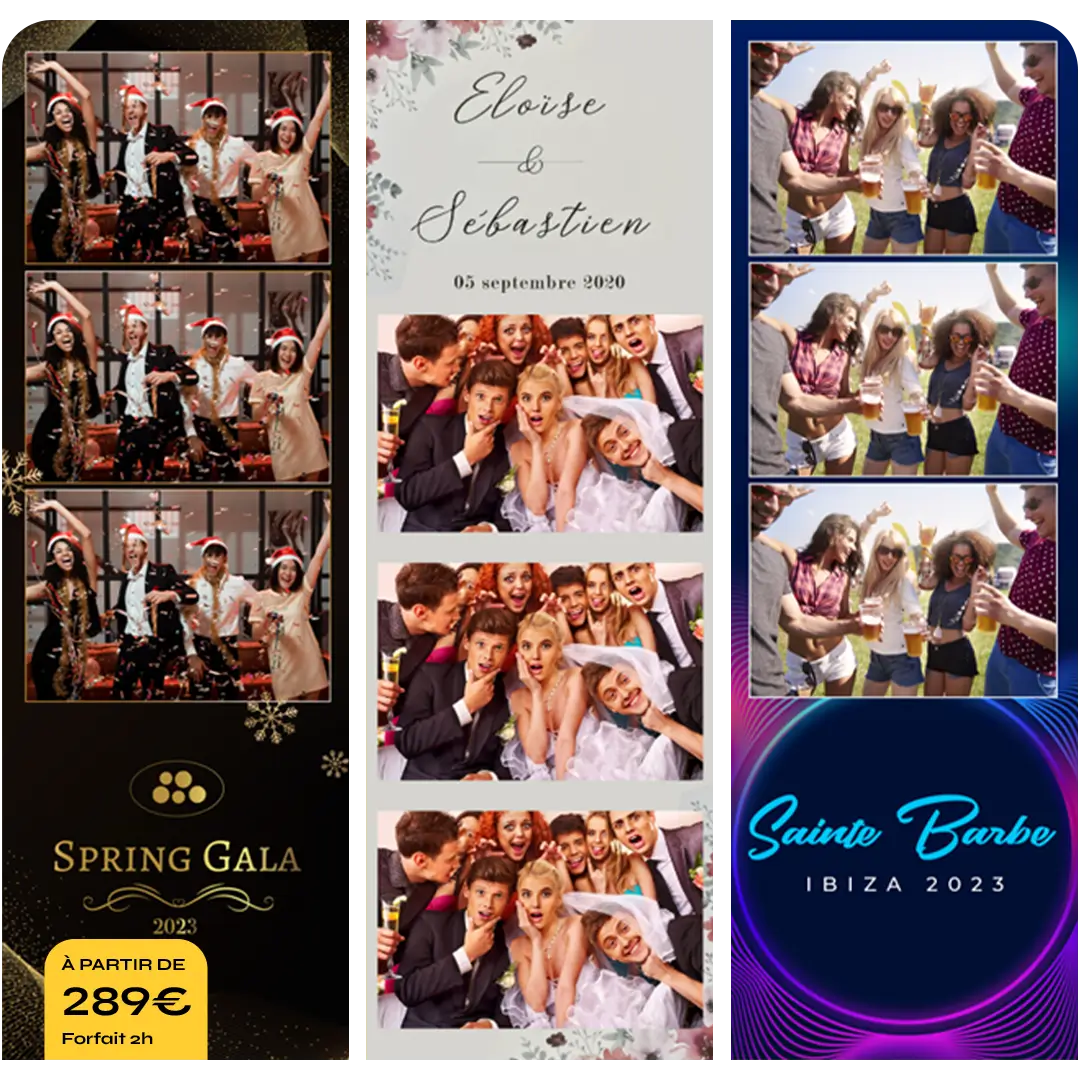 Bandelettes photomaton personnalisées pour gala, mariage et soirée, à partir de 289 € le forfait 2 heures