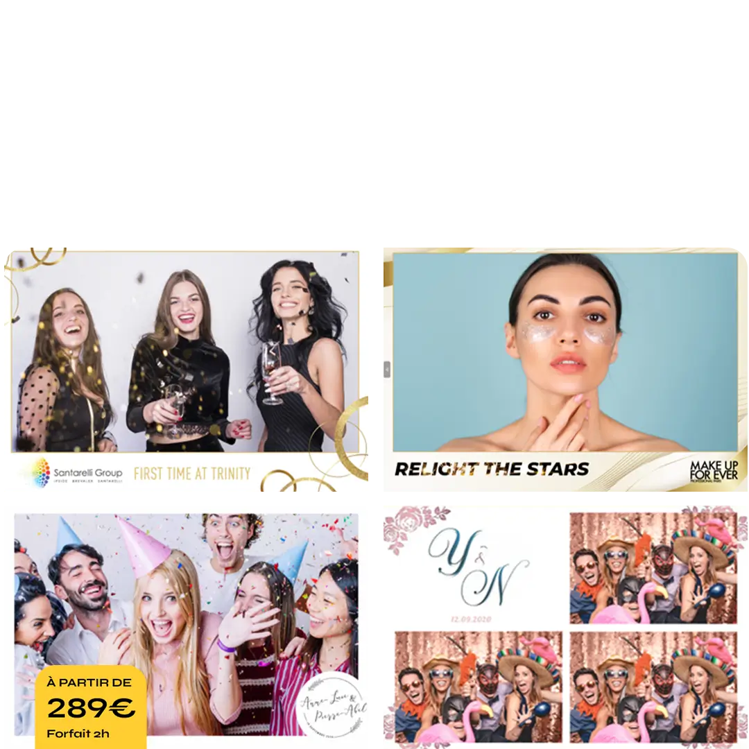 Tirages photobooth au format paysage pour événement d'entreprise et mariage, à partir de 289 € le forfait 2 heures