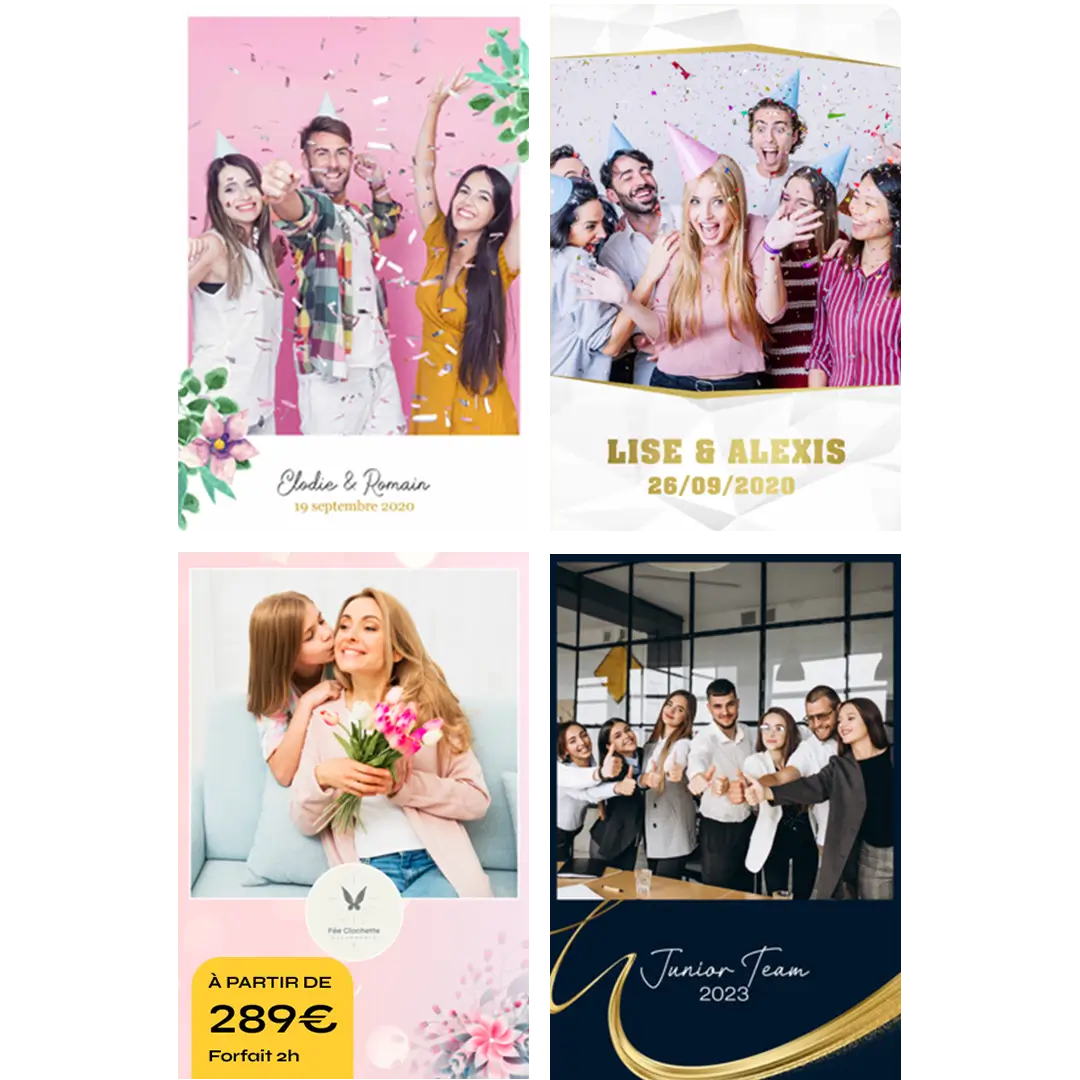Tirages photobooth au format portrait pour mariage, anniversaire et séminaire, à partir de 289 € le forfait 2 heures